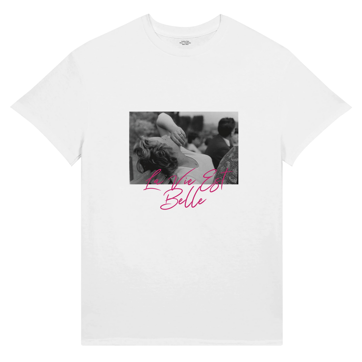 White wearable art T-shirt featuring a Josef Németh black and white photograph from Paris 1961.