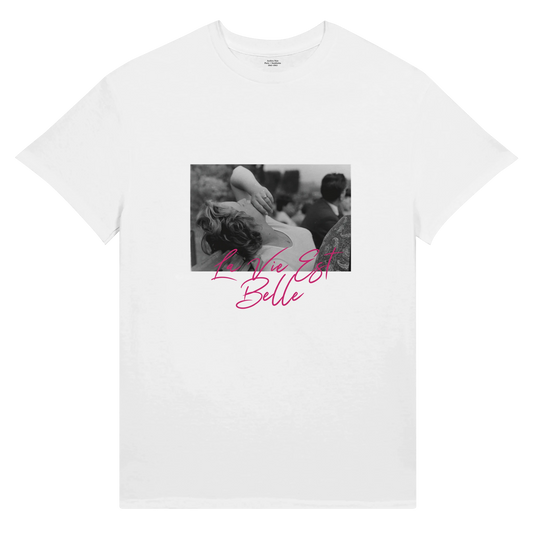 White wearable art T-shirt featuring a Josef Németh black and white photograph from Paris 1961.